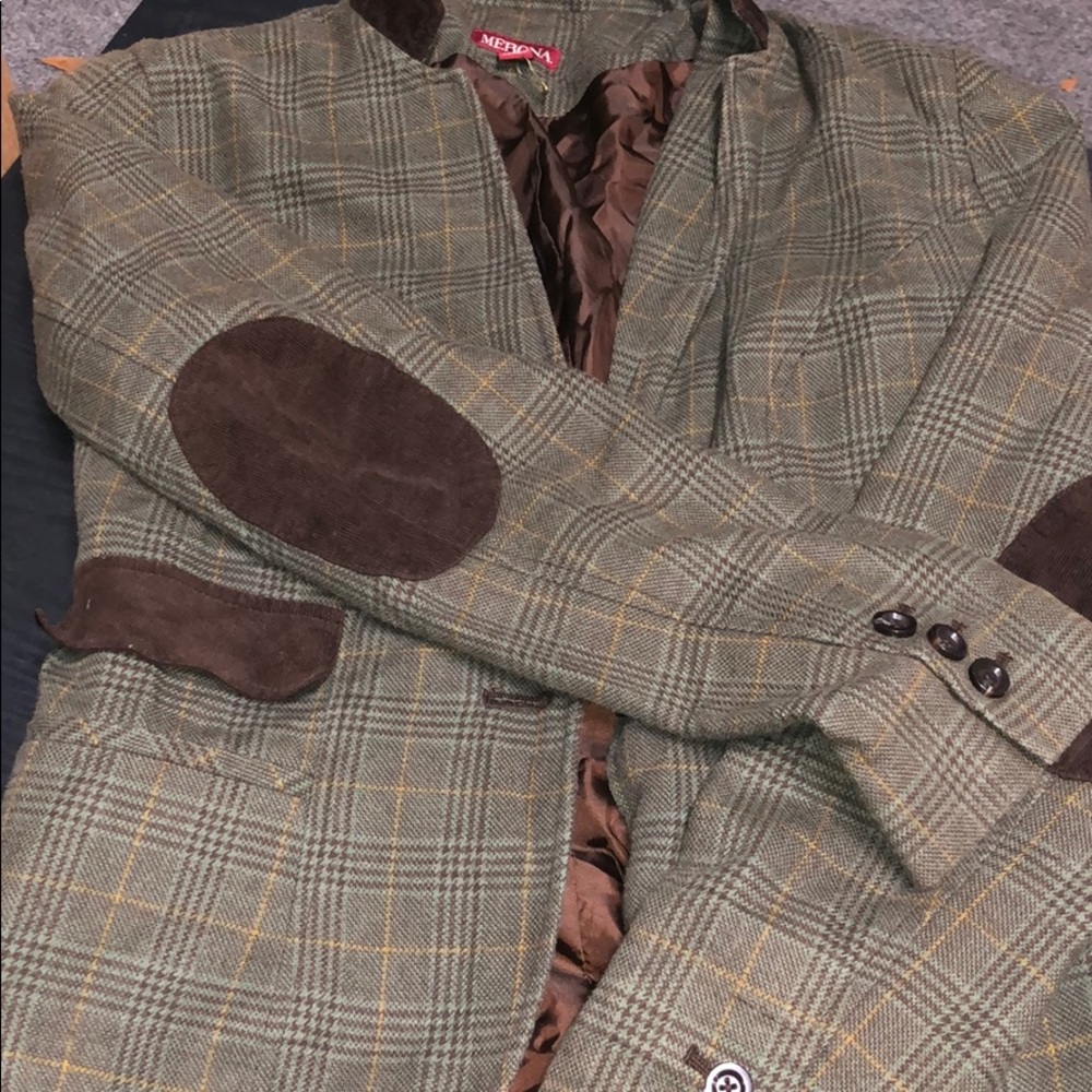 XS green plaid blazer with brown corduroy elbow